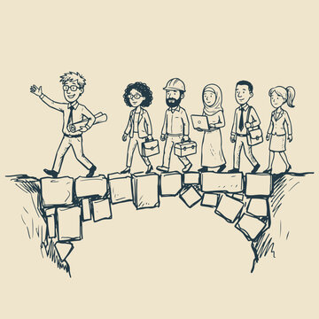 Diverse business team walking together across a broken stone bridge hand drawn sketch illustration with teamwork business illustration colleagues challenge cooperation professional strategy