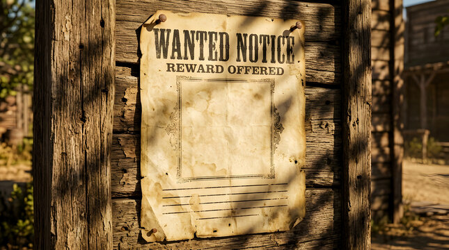 Old wanted notice poster reward offered pinned to rustic wooden wall in frontier town detail aged paper grungy texture vintage western crime justice concept historical document old west scenery blank