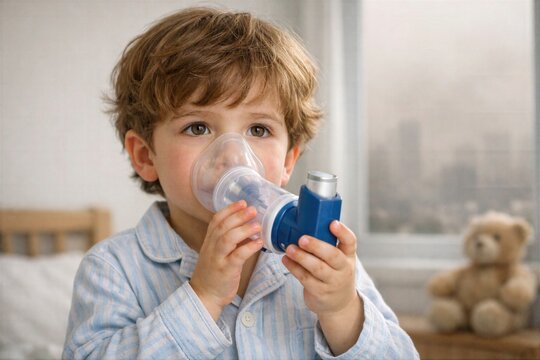 Atmospheric pollution pediatric respiratory care concept showing young boy using inhaler inside clean bedroom while toxic city smog outside highlights childhood health risk urban air crisis