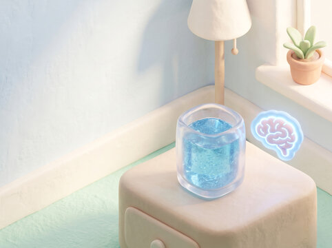 3D Isometric Clay Glass of Water with Glowing Brain Icon