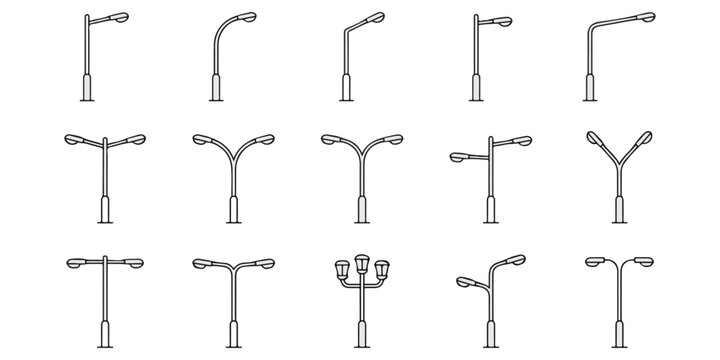 Set of various street light pole icons representing urban lighting infrastructure and modern city highway illumination systems