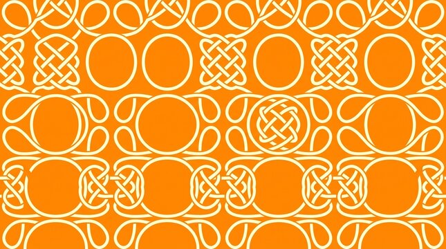 Abstract geometric pattern featuring intricate line art and symmetrical celtic knots in vibrant yellow and orange tones.