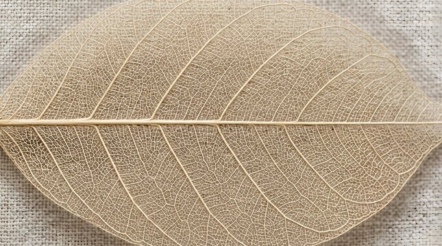 macro view of a dried leaf skeleton showing intricate veins and delicate botanical structures on fabric background