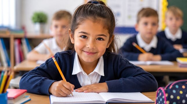 Retrato de una ni&ntilde;a hispana feliz escribiendo en su cuaderno en el aula de clases.