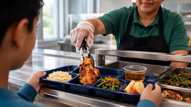 Empleada de la cafeter&iacute;a escolar sirviendo un almuerzo saludable y equilibrado en la bandeja de un estudiante.