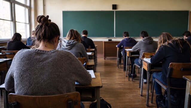 Vue de dos d'&eacute;l&egrave;ves concentr&eacute;s suivant une le&ccedil;on dans une salle de classe