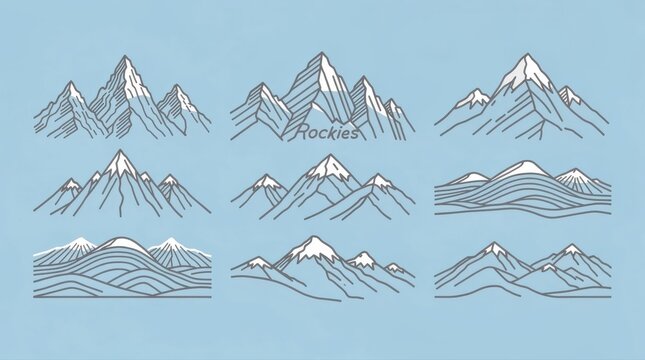 Minimalist mountain peak illustrations set on blue background. Collection of snow-capped summits and geometric ridge line designs. Nature travel and outdoor adventure concept for branding use.