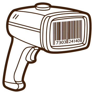 Brown and white of a handheld barcode scanner with a digital display, isolated on a white background, simple flat