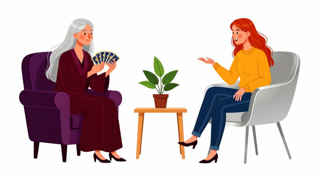 Senior fortune teller reading tarot cards for a woman. Psychic medium providing future predictions to a client. Esoteric divination concept for spiritual wellness and mystic lifestyle marketing.