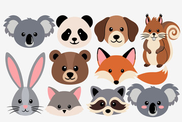Fototapeta premium Adorable collection of cartoon animal faces including koala, panda, dog, squirrel, rabbit, bear, fox, cat, and raccoon.