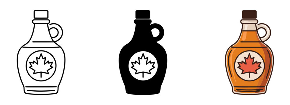 Classic Canadian maple syrup glass bottle icon set featuring various bottle shapes, small ring handles, syrup containers, food symbols, breakfast elements and editable vector illustrations.