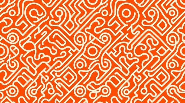Diagonal maze pattern with intricate cream lines is depicted on a rust orange background.