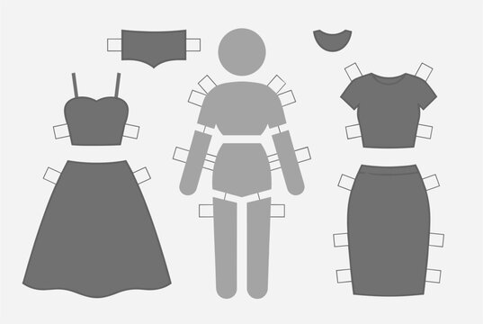 Vintage paper doll craft template with separate dresses and accessories featuring folding tabs, rendered in flat gray style.