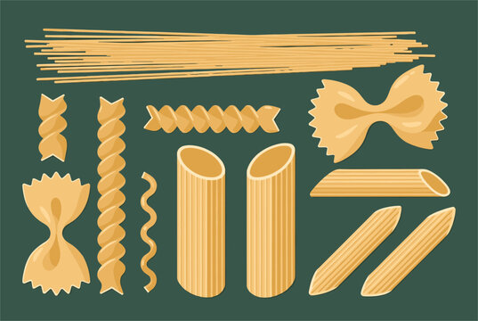 Selection of different Italian pasta types including spaghetti, farfalle, penne, and fusilli on a dark green background.