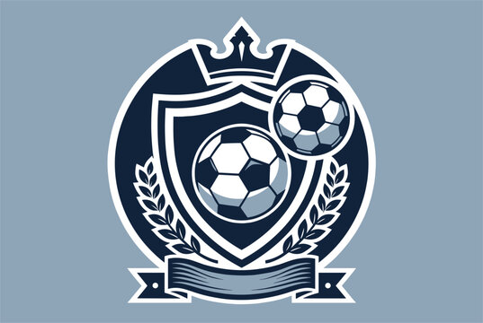 Professional soccer club emblem featuring a shield, crown, laurel wreath, and footballs in navy blue and light gray colors.