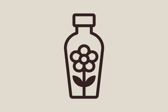 Minimalist outline icon of a glass bottle containing a flower design, symbolizing eco-friendly packaging or organic cosmetics.