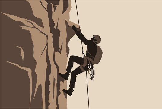 Silhouette of a determined rock climber ascending a steep mountain cliff using safety ropes and climbing gear.
