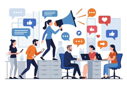 Marketing campaign concept featuring business professionals with laptops and smartphones, and a woman shouting into a megaphone.