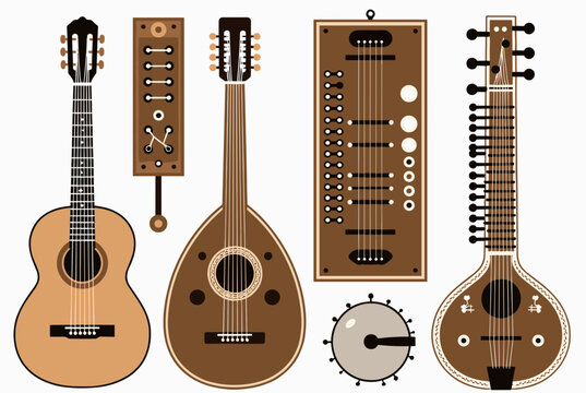 Collection of acoustic string instruments in wooden tones including a guitar, mandolin, and sitar, isolated on white background.