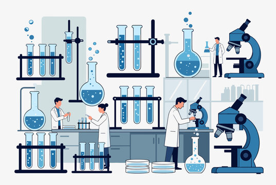 Scientific laboratory interior design featuring test tubes, flasks, microscopes, and researchers performing chemical analysis.