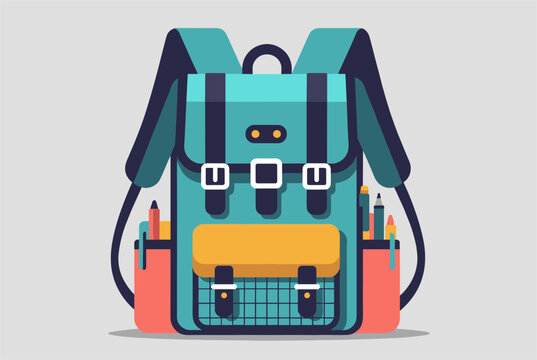 Stylish green school backpack filled with colorful pens, pencils, and rulers, isolated on a light gray background.