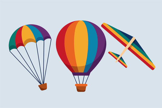 Rainbow striped parachute, hot air balloon, and a hang glider flying high in the light blue sky, cartoon illustration.
