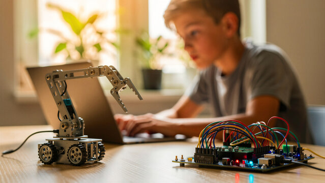 Small robotic arm on desk with boy coding on laptop in background. Student learns electronics and programming with circuit board. STEM education concept for future technology and engineering.