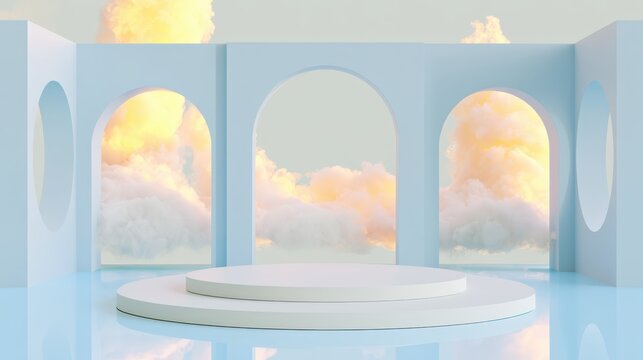 Minimalist pastel architectural podium with arched windows and soft sunset clouds background