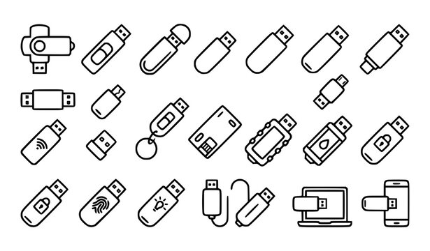 USB Flash Drive Types and Connectivity Outline Icon Collection