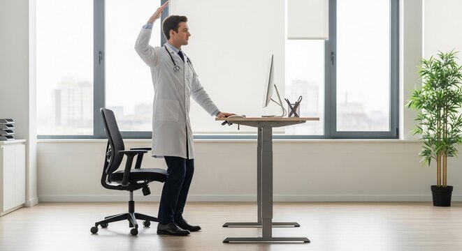 Doctor standing at an adjustable desk, demonstrating healthy posture in a modern office setting.
