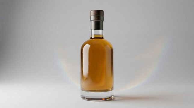 Clear glass bottle filled with amber liquid against light background