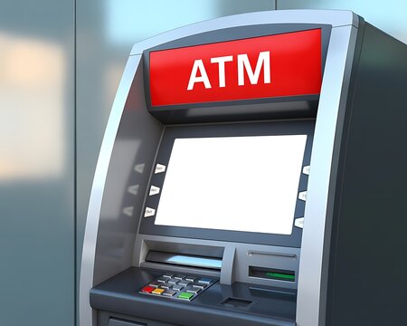 Modern automated teller machine with red ATM sign displayed prominently