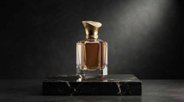 Elegant glass perfume bottle with golden cap on marble pedestal
