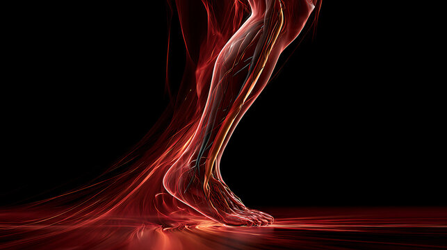 Detailed anatomical illustration of the human leg showing arteries and blood vessels on a black background for medical education and healthcare visualization.