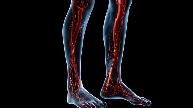 Anatomical illustration of human lower leg showing arteries and blood vessels isolated on black background for medical education and healthcare visualization.
