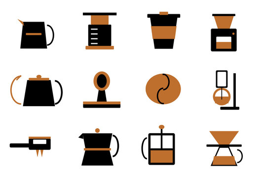 Set of 12 coffee brewing equipment and specialty cafe barista tools black and brown flat icons for coffee shop menu and app UI