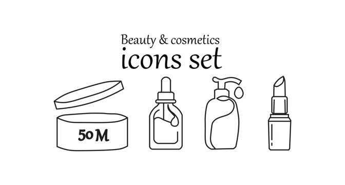 Beauty and Cosmetics Line Icons Set with Cream Jar Serum Dropper Pump and Lipstick for Beauty Product Design.
