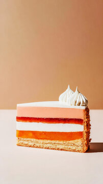 A pie shows layers of peach jam and vanilla cream. The layers are separated by light and airy dough. The pie sits on a surface with soft colors