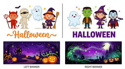 Fototapeta premium Four halloween themed illustrations with characters and spooky night scenes