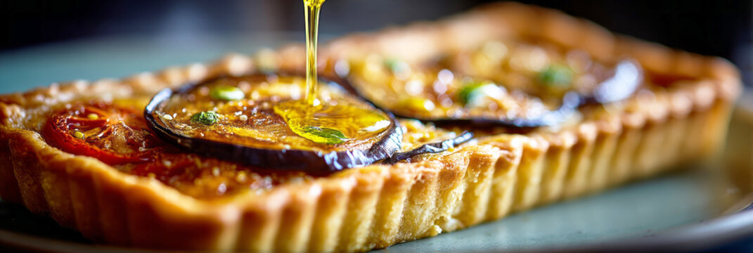 Eggplant and tomato pie with mozzarella served with olive oil at a local restaurant during dinner time