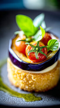 Eggplant and tomato pie with mozzarella served with olive oil at a local restaurant during dinner time