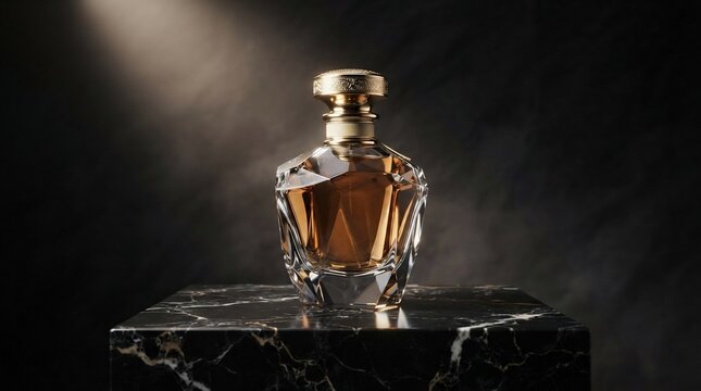 Elegant glass perfume bottle with golden cap on dark marble pedestal