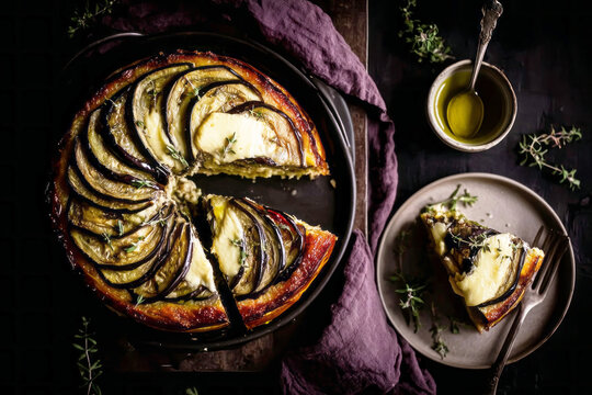 Eggplant, tomato, and mozzarella pie served with olive oil on a cooling rack in a kitchen setting