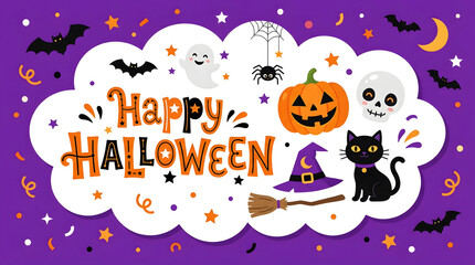 Fototapeta premium Festive happy halloween illustration with ghosts pumpkins bats and a black cat