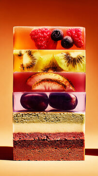 A cake is cut to show its layers of jelly and cream, with the colors clearly visible. The setting is warm, and the dessert looks inviting and tasty
