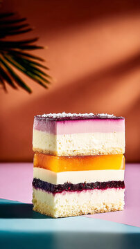 A layered cake sits on a flat surface with various layers of jelly and cream visible. The colors mix beautifully under bright lighting. It looks appetizing and inviting