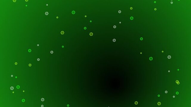 Digital abstract background with floating glowing hexagons on a dark green gradient