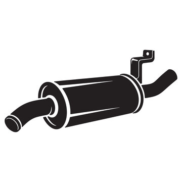 Black and white of a car exhaust muffler with a mounting bracket and pipe, isolated on a white background, for automotive parts