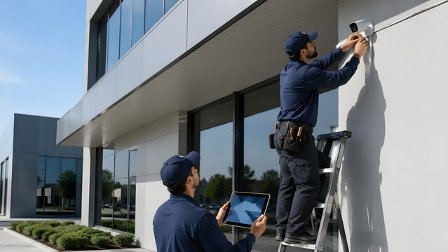Security technicians installing outdoor surveillance camera on commercial building wall, CCTV setup with ladder and tablet, smart security system, property protection and technical service
