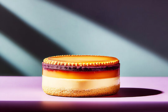 A layered cake sits on a flat surface with various layers of jelly and cream visible. The colors mix beautifully under bright lighting. It looks appetizing and inviting